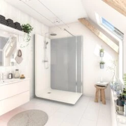 Cabine De Douche L.140 X L.80 Cm Blanc, Verre Transparent, Serenity Ciment