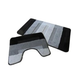 Tapis Salle De Bain Et WC, L.50 X L.80 Cm, Rayé Gris Et Noir